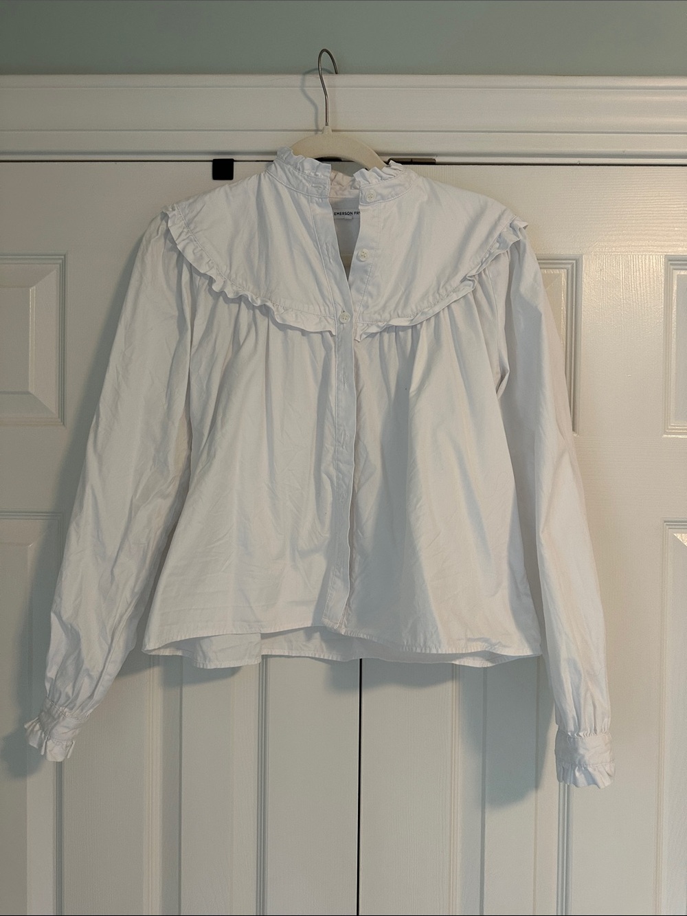 Emerson Fry White Ruffle-Yoke Button Blouse
